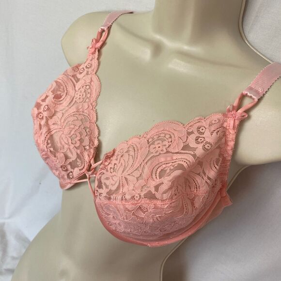 Vintage Victorias Secret Gold Label Bra 36DD Pink Sheer Lace Underwire 90s Y2K - Picture 2 of 10